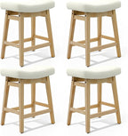 Counter Height Bar Stools Set of 4 for Kitchen Counter Backless Farmhouse Kitchen Island Barstools with Upholstered Faux Leather Saddle Seat and Solid Wood Legs Modern 24 inch Bar Chairs, White