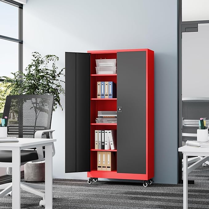 Metal Rolling Storage Cabinet-74.6” Tall Steel File Cabinets with Wheels Lockable Doors and Adjustable Shelves-Black & Red Steel Storage Cabinet for Home, School, Office, Garage