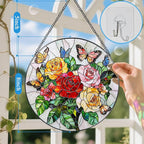 Butterfly & Rose Ornament: Stained Glass Suncatcher, Suncatcher for Window Decor, Stained Glass Window Hanging, Christmas Ornament, Gifts for Nature Lover, Women, Christmas, Mother's Day, Birthdays