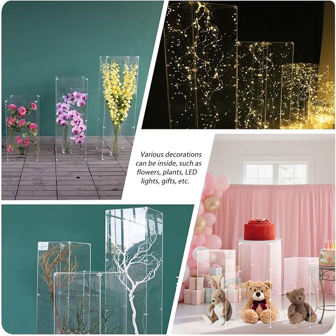 Vincidern 3pcs Acrylic Square Pedestal Stand for Party, Clear Lucite Display Pedestal for Flowers, Sculptures, Cake, Wedding, Events, Art Gallery, Party Decor 31.5*11.8''(L), 27.6*11.2''(M), 23.6*10.2''(S)