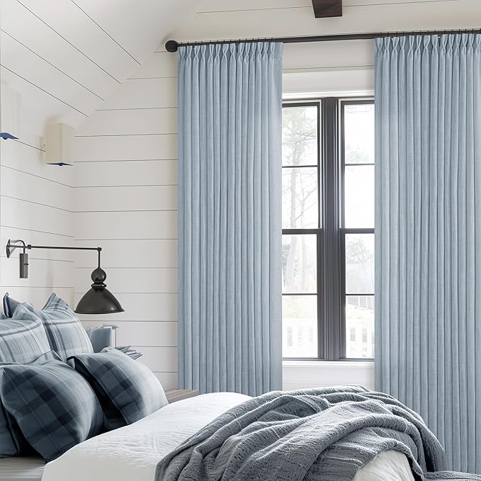 Light Blue Linen Curtains 102 Inches Long for Living Room Pinch Pleated Drape with Hooks Rings for Track System Light Filtering 102 Inch Curtain for Bedroom Sliding Patio Door 2 Panels Dusty Blue