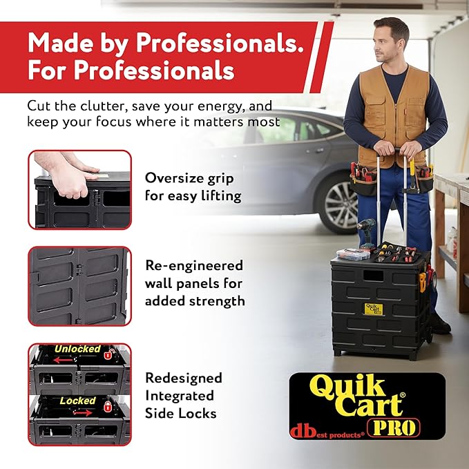 dbest products Quik Cart Pro Wheeled Rolling Crate Teacher Utility with seat Heavy Duty Collapsible Basket with Handle, Black