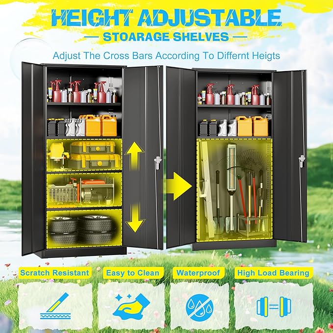 Pataku 71'' Metal Storage Cabinet, Garage Storage Cabinet with 2 Doors and 4 Adjustable Shelves, Steel Lockable Storage Cabinet, Black File Cabinets for Home, Office, Warehouse
