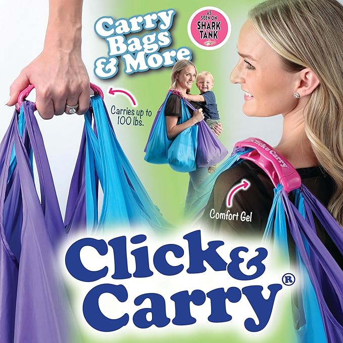 Click & Carry Kitchen Storage & Organization - Plastic Bag Organizer and Holder for Easy Shopping - Shark Tank - Gel Padding Bags Handle, Hands-Free Design for Groceries, Paint Can Carrier, 1 Pack