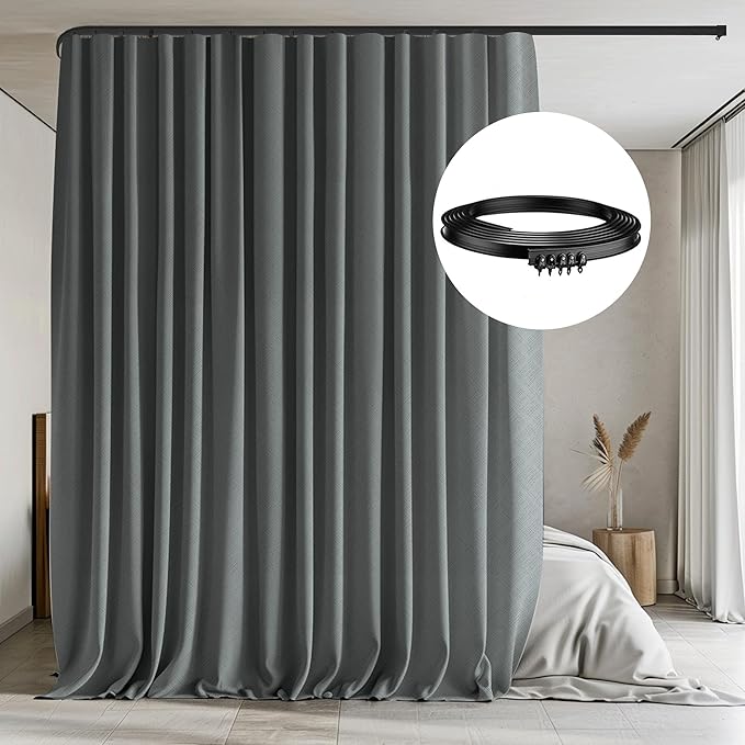Room Divider Curtains with Flexible Ceiling Tracks Set,Blackout Curtain Ceiling Mount Curtain Track Privacy Room Dividers Ceiling Track Curtain Rod(Dark Grey Drape & Black rail W 10 × H 8 FT)