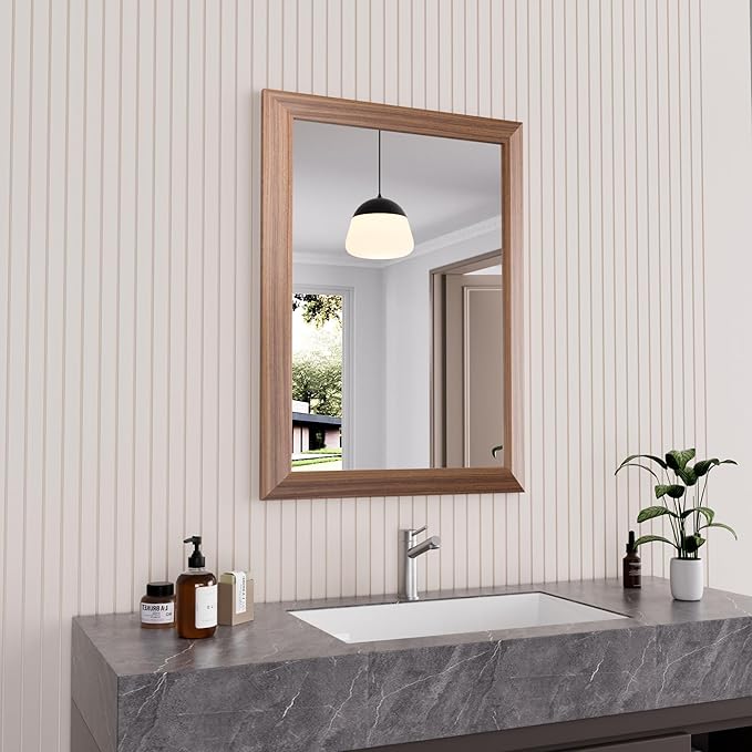Amorho Bathroom Mirror, 22" X30" HD Reflection Metal Framed Mirror for Wall, Anti-Rust, Hang Horizontally/Vertically, Suitable for Bedroom, Farmhouse, Bathroom, entryway (Walnut Wood Grain)