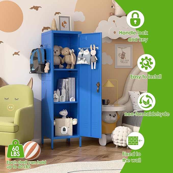 Aobabo Metal Locker, 54" H Metal Storage Locker for Employees, Lockable 1 Door with Towel Rack and 2 Side Pegboards with Hooks for School Office Gym Bedroom, Blue, Assembly Required