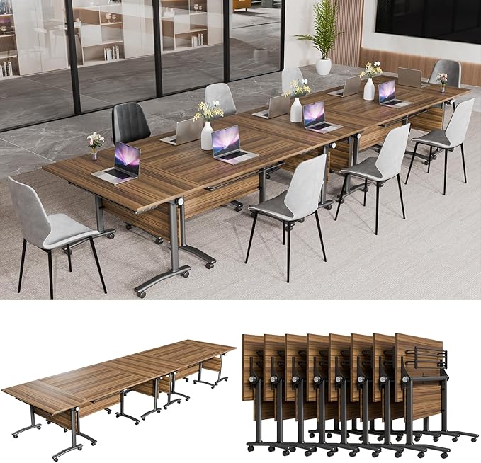 Conference Table, Modern Folding Meeting Tables with Flip Top, Mobile Podcast Table with Four Locking Wheels, Large Training Table for Meeting Room, Office, Classroom (8, A, 47.2in)