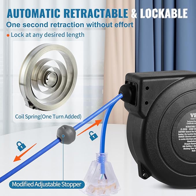 VEVOR Retractable Extension Cord Reel, 45 FT, Heavy Duty 12AWG/3C SJTOW Extension Power Cord with Lighted Triple Tap Outlet, 15A Circuit Breaker 180° Swivel Bracket for Ceiling or Wall Mount, Blue