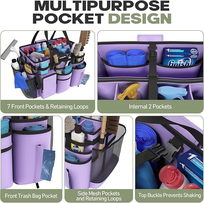 Rolling Cleaning Caddy Bag with Detachable Trolley, Cleaning Supplies Organizer Cart on Wheels, Cleaning Supply Caddy for Housekeepers (Purple, 11.5" Dx15.7 Wx13 H)