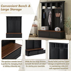 Merax Farmhouse Wood Hall Tree with Bench and Storage Drawers, 4-in-1 Coat Rack with 6 Hooks for Entrance, Hallway Black