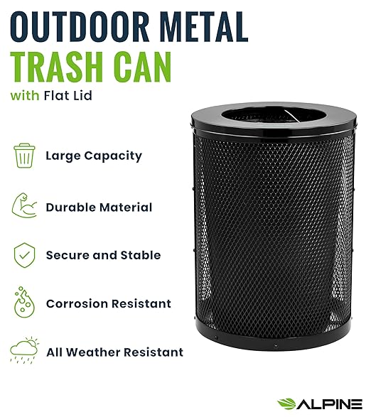 Alpine Outdoor Trash Can 36 Gallon Diamond Steel Commercial Metal Waste Bin with Leak Proof Liner, Heavy Duty Steel Mesh Design, Flat Wide Open Top Lid for Parks, Streets, and Public Spaces-Black