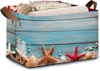 Beach Seashell Starfish Storage Basket Large 17x11.5x10.5 Inche-Collapsible Fabric Organizer Bin with Handles for Bathroom, Nursery, Beach Towels-Decorative Hamper with Coastal Nautical-Single Pack
