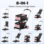Collapsible Shopping Cart with Wheels, 8-in-1 200LBS Capacity Grocery Cart on Wheels with 2 Storage Crate, Folding Utility Cart for Shopping, Travel, Supermarket, Office, Pink