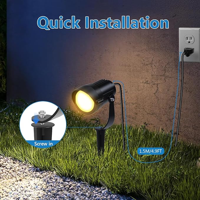 HIBOITEC 12W Spot Lights Outdoor 120V Landscape Lighting Waterproof Spotlight with 4.9ft 3-Plug LED Plug in Landscape Lights for Yard Gardern Decorations 2900K 1Pack