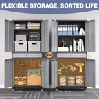 73" Metal Garage Storage Cabinet with Wheels， Rolling Tool Storage with Locking Doors， Adjustable Shelves and Drawer, Heavy Duty Steel Tool Cabinet for Garage, Warehouse, School(Black Grey)