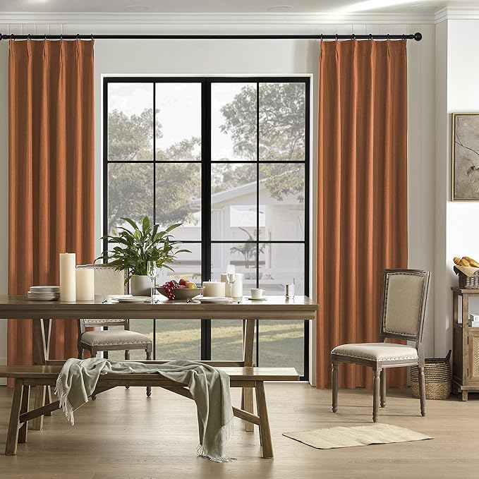 DUALIFE Pinch Pleatd Blackout Curtains 96 Inches Long, Boho Linen Rustic Copper Color Retro Room Darkening Privacy Curtains Drapes with Hooks for Living Room Bedroom 2 Panels Terra Cotta Rust