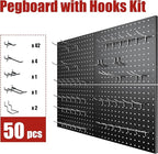 4 Pack Metal Pegboard Panels with 50 Hooks, Black Pegboard Wall Organizer, Pegboard Accessories, Heavy Duty Garage Tool Storage System for Workbench, Workshop, Office, Craft Room