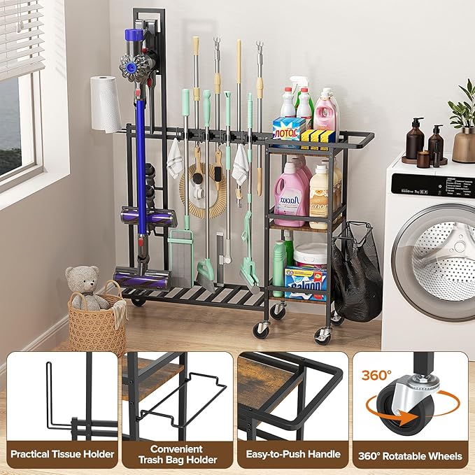 Housolution Cleaning Utility Cart on Wheels, Multifunctional Cleaning Tools Supplies Organizer with Broom and Mop Holder, Vacuum Stand Compatible with Dyson, Rolling Storage Cart for Home