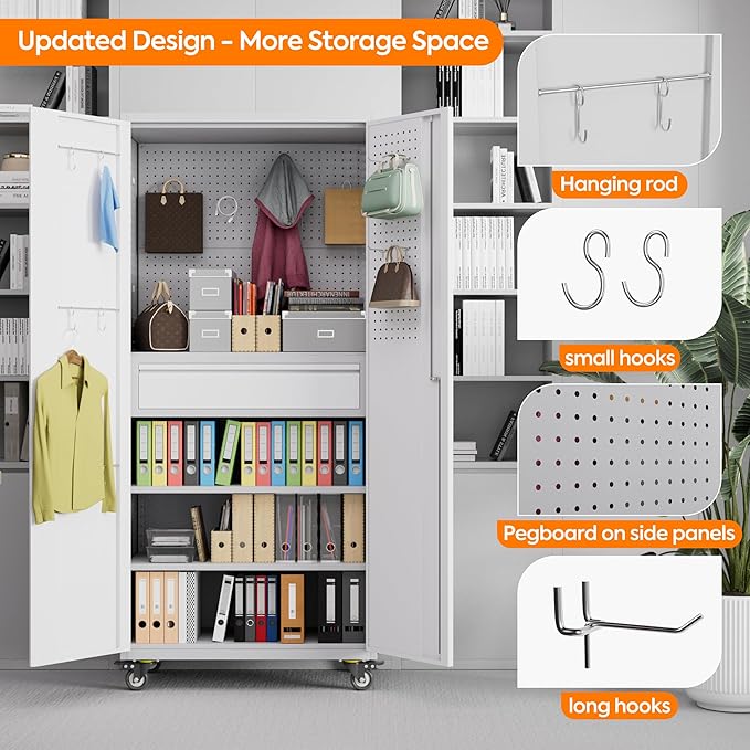 Metal Storage Cabinet with Drawers, Locking Garage Tool Cabinets on Wheels with Pegboards and Hooks for Warehouse Homes, Offices, Assembly Required(Grey&White)