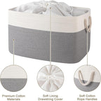 95L Extra Large Blanket Basket with Lid, 24" x 16.9" x 14.2" Woven Storage Basket for Living Room, Rectangle Nursery Blanket Storage for Toys, Towels, Dirty Clothes, Grey & White