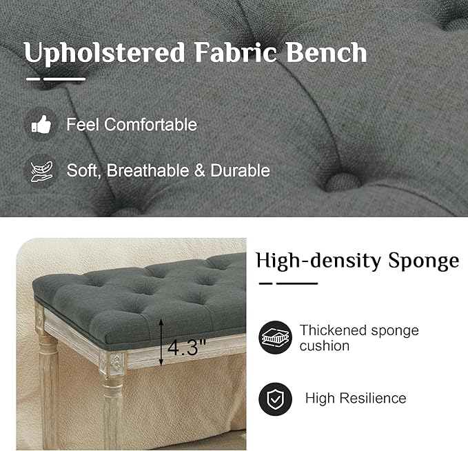 LOULENS 43.9" Linen Fabric End of Bed Bench, Vintage French Upholstered Button Tufted Entry Bench, Window Seat with Carved Wood Legs for Bedroom, Living Room, Entryway, Foyer, Hallway, Dark Grey