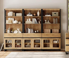 WAMPAT 3 PCS Modern 72" Tall Bookcase with 3 Drawers and Open Book Shelfs, Library Book Shelf with Storage Cabinet and Glass Doors, Wood Freestanding Bookshelves for Home Office, Living Room, Oak