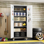 Metal Garage Storage Cabinet with Wheels, 71" H×32" W×16" D Metal Storage Cabinet with 5 Adjustable Shelves,Pegboard and Lockable Doors for Garage Home Office Utility Room,Required Assembly