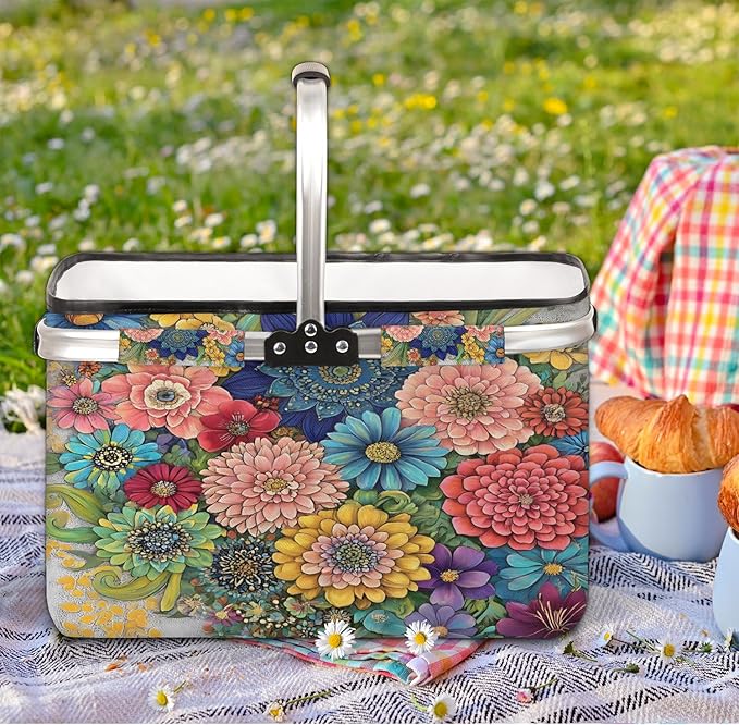 Flowers Collapsible Market Basket, Colorful Floral Leakproof Folding Collapsible Portable Picnic Basket Strong Aluminum Frame for Travel, Shopping, Camping & Lake Trips