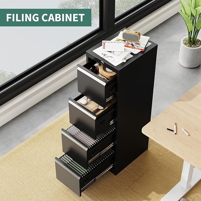4 Drawer Metal File Cabinet with Lock, Wide Office Steel Filing Cabinet, Mobile Storage Organizer for Letter Legal Files, Home Office School Tool Storage Cabinet, Black