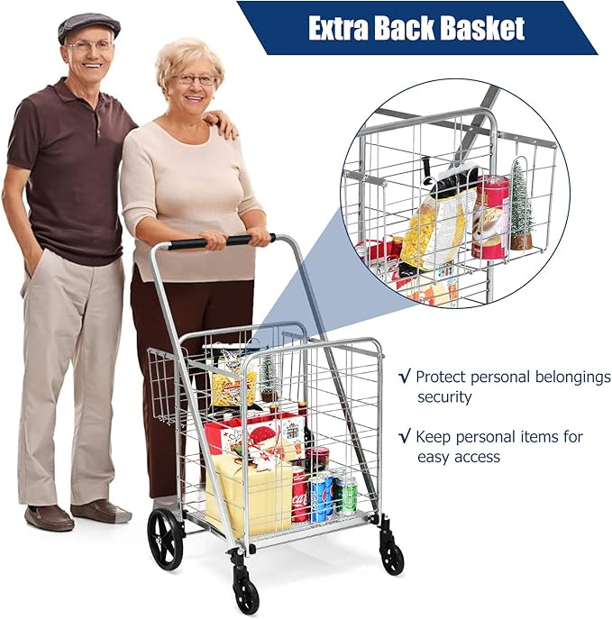 Goplus Folding Shopping Cart, Jumbo Double Basket Utility Grocery Cart 330lbs Capacity with 360° Rolling Swivel Wheels, Portable Heavy Duty Cart for Laundry Shopping Grocery