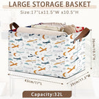Aviation Themed Storage Basket Large 17x11.5x10.5 Inche-Collapsible Fabric Organizer Bin with Handles for Boys Room, Travel Decor, Toys-Decorative Hamper with Colorful Airplane Silhouettes-Single Pack
