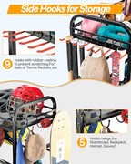 Ball Storage Sports Equipment Organizer - Garage Storage Cart Rolling Ball Storage Rack with Hooks Wheels Outdoor Indoor Gym Gear Toy Holder Bin for Basketball, Baseball, Soccer