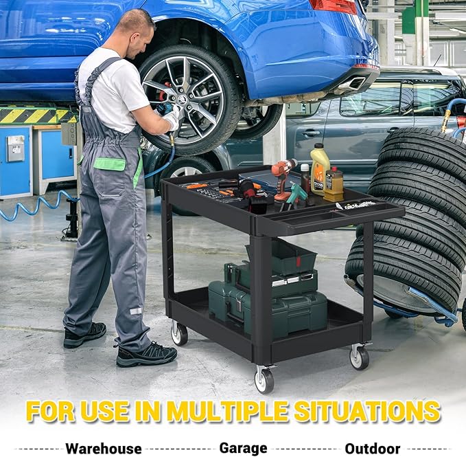 Heavy Service Utility Cart on Wheels,Tool Cart on Wheels, Service Cart for Garage, Warehouse, Workshop, Office, Cleaning (Black-45.7 inch)