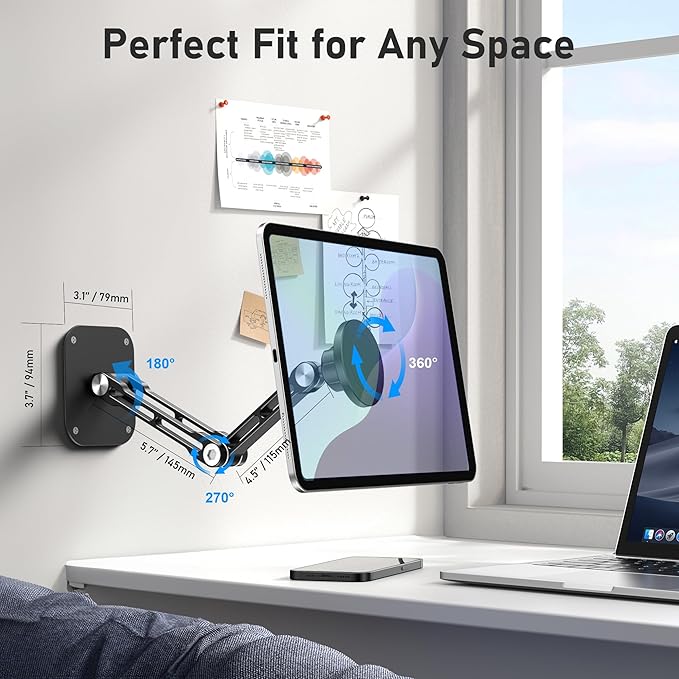 Magnetic iPad Wall Mount, NINEFATICS Aluminum Dual-Arm Tablet Wall Mount Holder, 360° Multi-Angle Adjustable, Foldable Wall iPad Mount, for 4.7"-13" iPad Pro/Air/Mini, Phones & Tablets, Strong Magnets