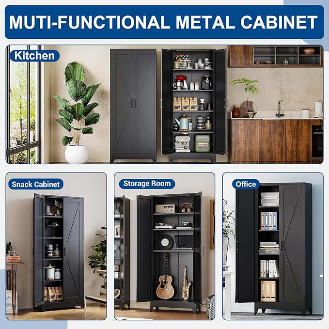 Black Tall Farmhouse Metal Pantry Linen Storage Cabinet and Organizers - Cupboard 75" H x31.5 W x15.7 D Rustic Hutch Cabinet Bookcase with Doors and Adjustable Shelves for Home Office