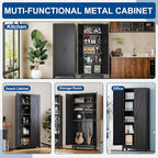 Black Tall Farmhouse Metal Pantry Linen Storage Cabinet and Organizers - Cupboard 75" H x31.5 W x15.7 D Rustic Hutch Cabinet Bookcase with Doors and Adjustable Shelves for Home Office