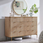 T4TREAM Fluted 9 Drawers Dresser, Modern Wooden Top Chest of Drawers with Curved Profile Design, Dresser TV Stand Drawer Organizers for Bedroom, Living Room, Hallway(Natural Oak)