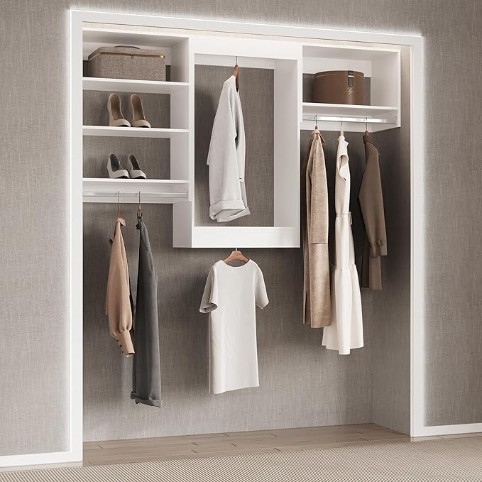Medium Double Hanging Closet Unit, Modular Closet System, Wood Closet System Organizer with Storage for Walk In Closets, Clothing Rack Closet for Hanging Clothes, Bedroom, White, 22.5"W