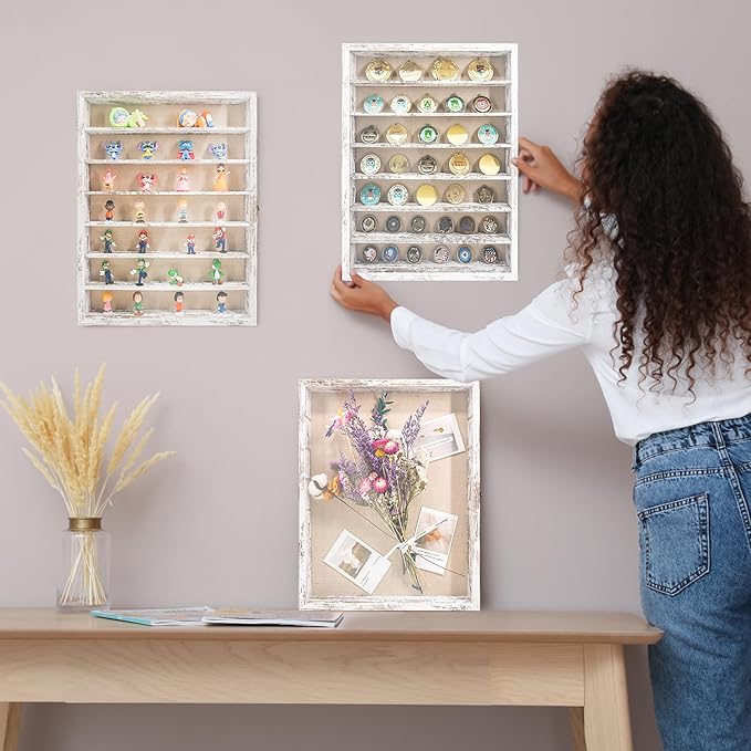 GMFrames 16x20 Wooden Shadow Box Frame with Removable Shelves Deep Display Case for Military Medals Keepsakes White
