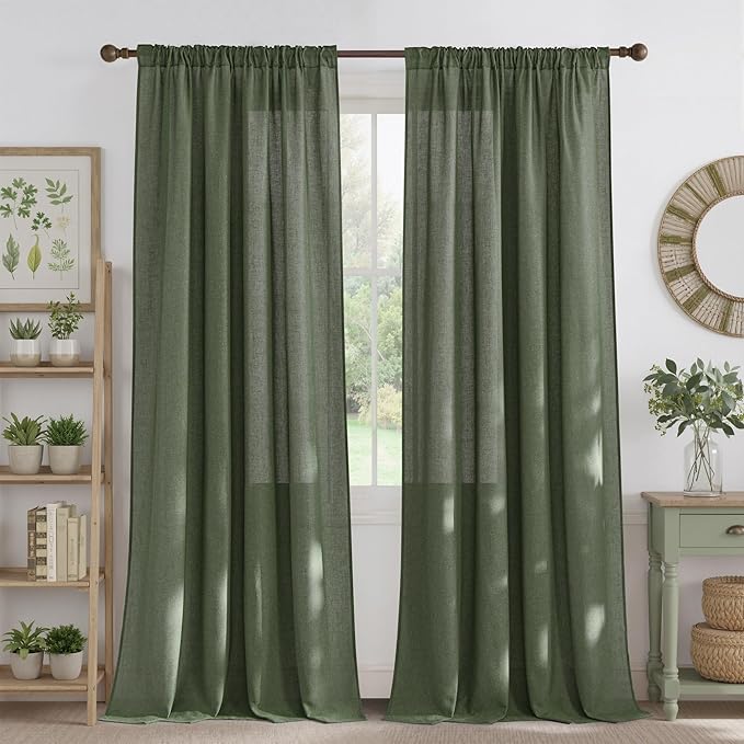 NICETOWN Thick Linen Blend Semi Sheer Forest Green Curtains, Pleat Tape Privacy Added Drapes with Light Filtering Window Treatments for Bedroom/Living Room, W52 x L95, 2 Panels