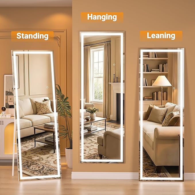 Full Length Mirror with Lights, 71" x 24" LED Lighted Floor Standing Body Mirror, Dimmable & 3 Color Lighting for Bedroom, Cloakroom, Dressing Room, Tempered Glass, Square White