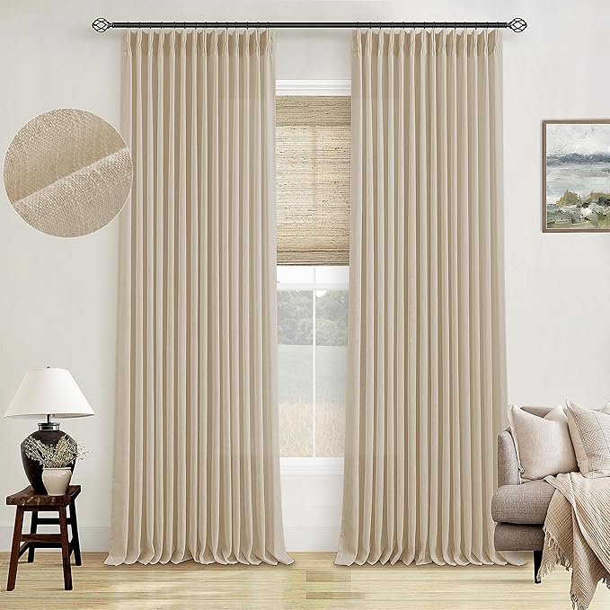 Warm Beige Linen Curtains 102 Inches Long 2 Panels for Living Room Thick Linen Flax Cloth Pinch Pleated Memory Trained Back Tab Light Filtering Semi Sheer Curtain with Hook Rings Sand Cream Neutral