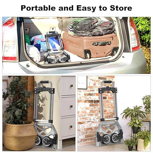 Folding Hand Truck Dolly Cart, 180LBS Portable Aluminum Hand Truck Foldable with Telescoping Handle and Elastic Cord for Luggage, Boxes, Functionality Foldable Dolly for Home, Moving, Black Gray