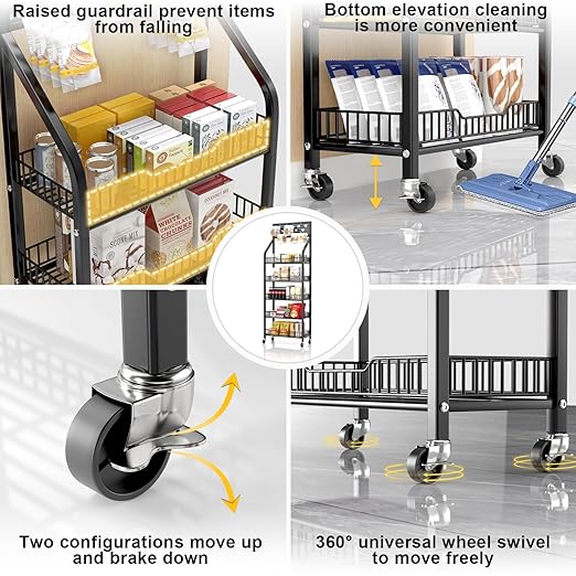 5 Tier Snack Rack Display Stand, Metal Retail Display Rack with Wheels and 15 Hooks, Snack Cart Organizer for Supermarkets Convenience Stores Home Kitchens