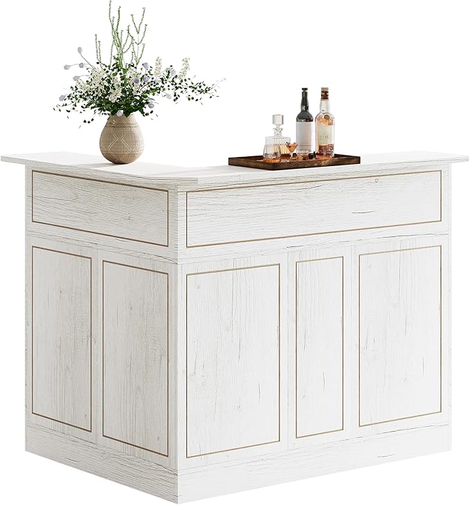 Tribesigns Bar Cabinet, L-Shaped Home Bar Table with Stemware Racks, 4-Tier Corner Bar Unit Liquor Wine Bar Table Reception Desk for Home Pub, White