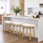 Counter Height Bar Stools Set of 3 for Kitchen Counter, Backless Farmhouse Kitchen Island Barstools with Upholstered Fabric Saddle Seat and Solid Wood Legs Modern 24 inch Bar Chairs, Khaki