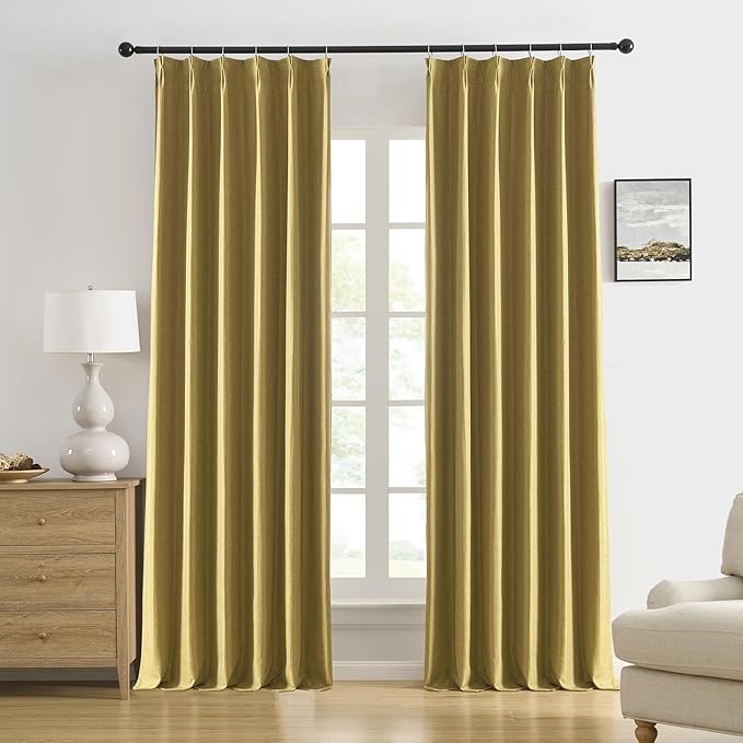 DUALIFE Mustard Yellow Pinch Pleated Blackout Curtains 102 Inches Long, Back Tab with Hooks, Linen Full Black Out Thermal Insulated Track Curtain for Bedroom Living Room,40 W x 102 L, 2 Panels