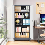 Metal Storage Cabinet with Wheels, Tall Garage Storage Cabinet with 4 Adjustable Shelves and 2 Doors, Lockable Tool Cabinet for Garage Home Office,Gym,School (White-Gray)