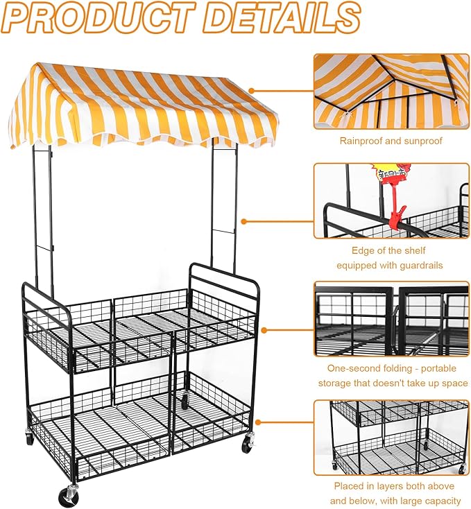 Business Mobile Catering Cart Foldable Outdoor Portable Market Street Food Vendor Stalls with Yellow White Canopy Stall Trolley for Outdoor Vending Sale Display